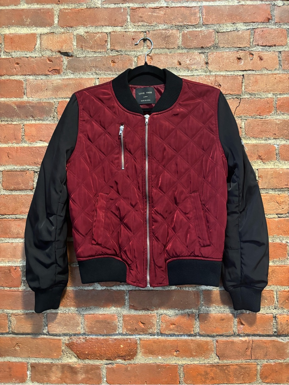 Maroon Quilted Bomber Jacket with Black Sleeves